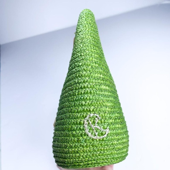 Green woven straw tote bag with handmade shell‎ butterfly design wooden handle - Picture 4 of 8